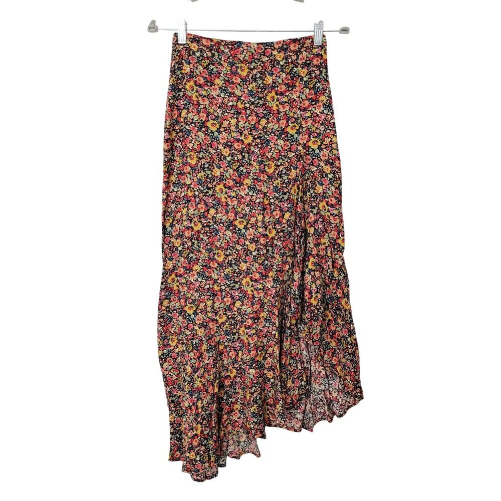 Pull&Bear Floral Asymmetrical Midi Skirt in Black with Pink & Yellow Flowers